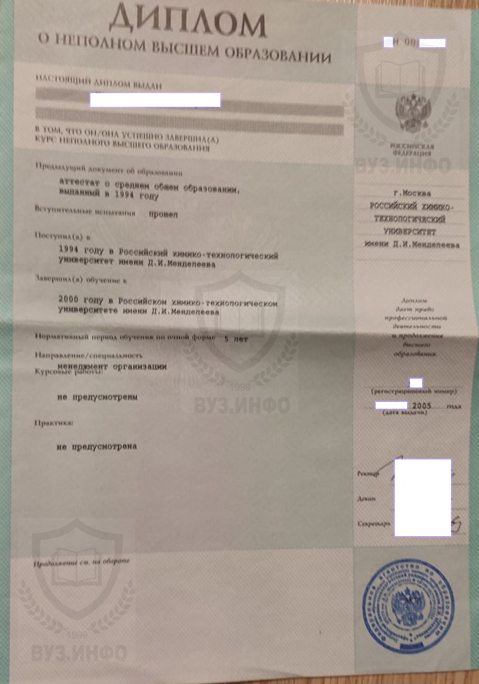 Диплом о неполном высшем образовании РХТУ им. Д. И. Менделеева Менеджмент (2005 г.)